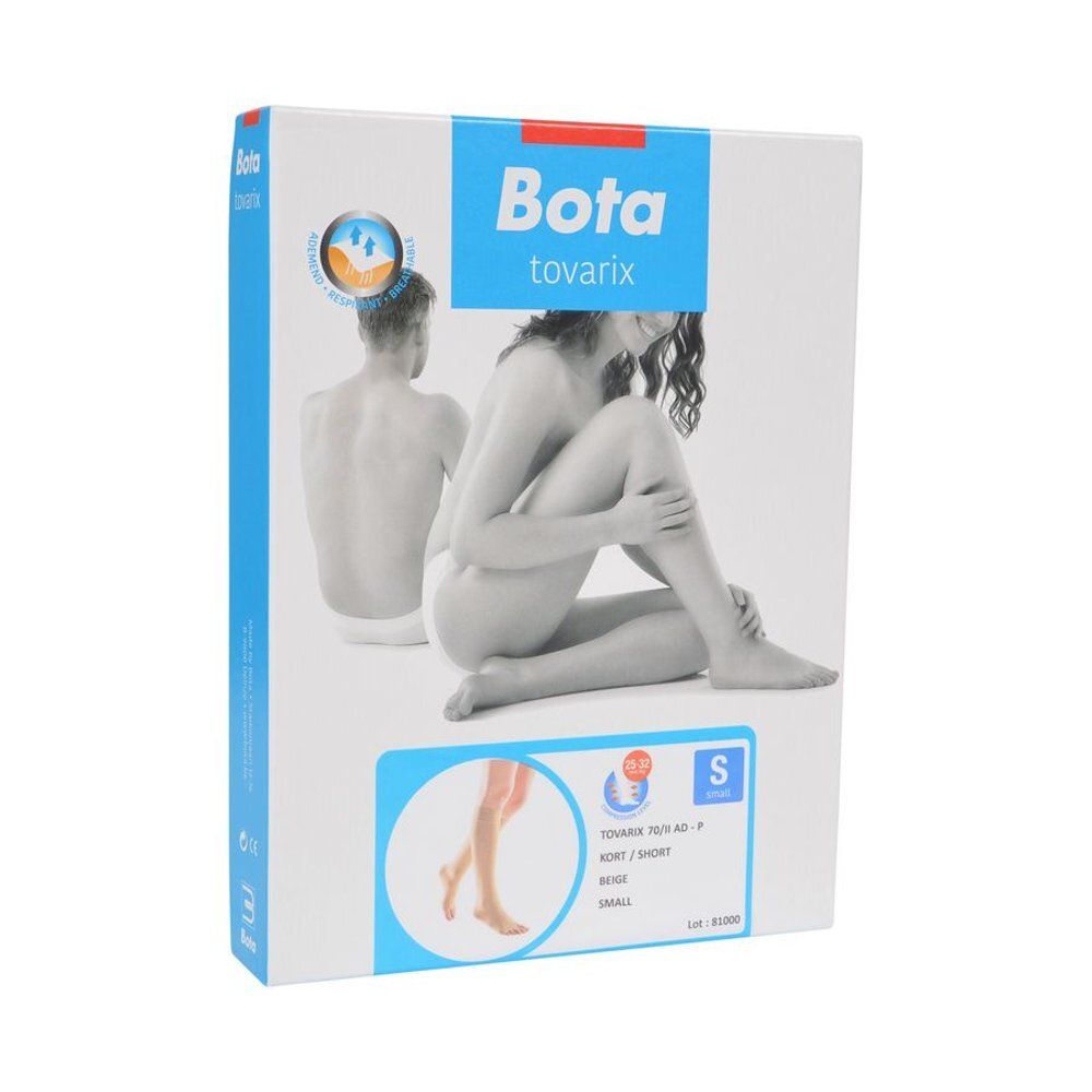 Verpakking Bota tovarix. Opdruk: compressiekousen, beige, maat S. Afbeelding van een vrouw en een man.