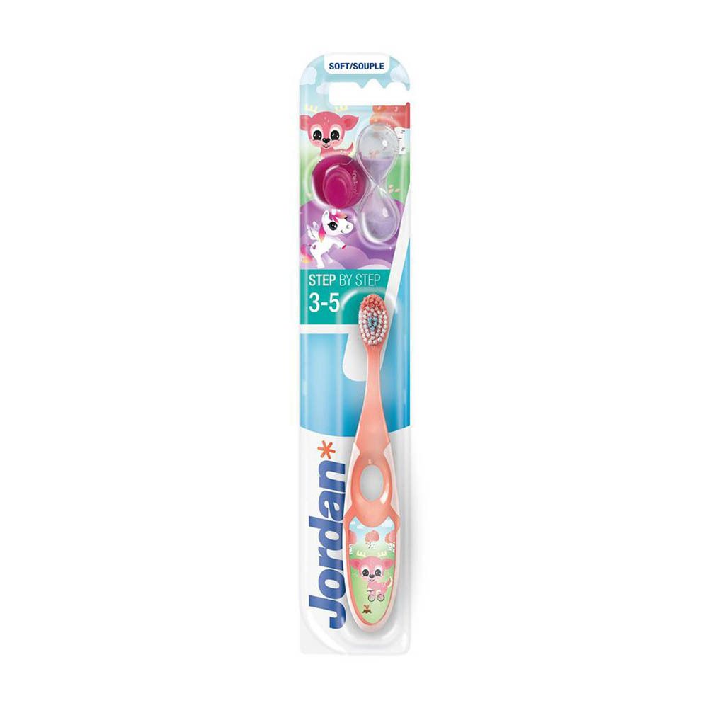 Roze tandenborstel, zachte borstelharen, dierendesign. Verpakt in blister. Merk Jordan, Step by Step 3-5 jaar.