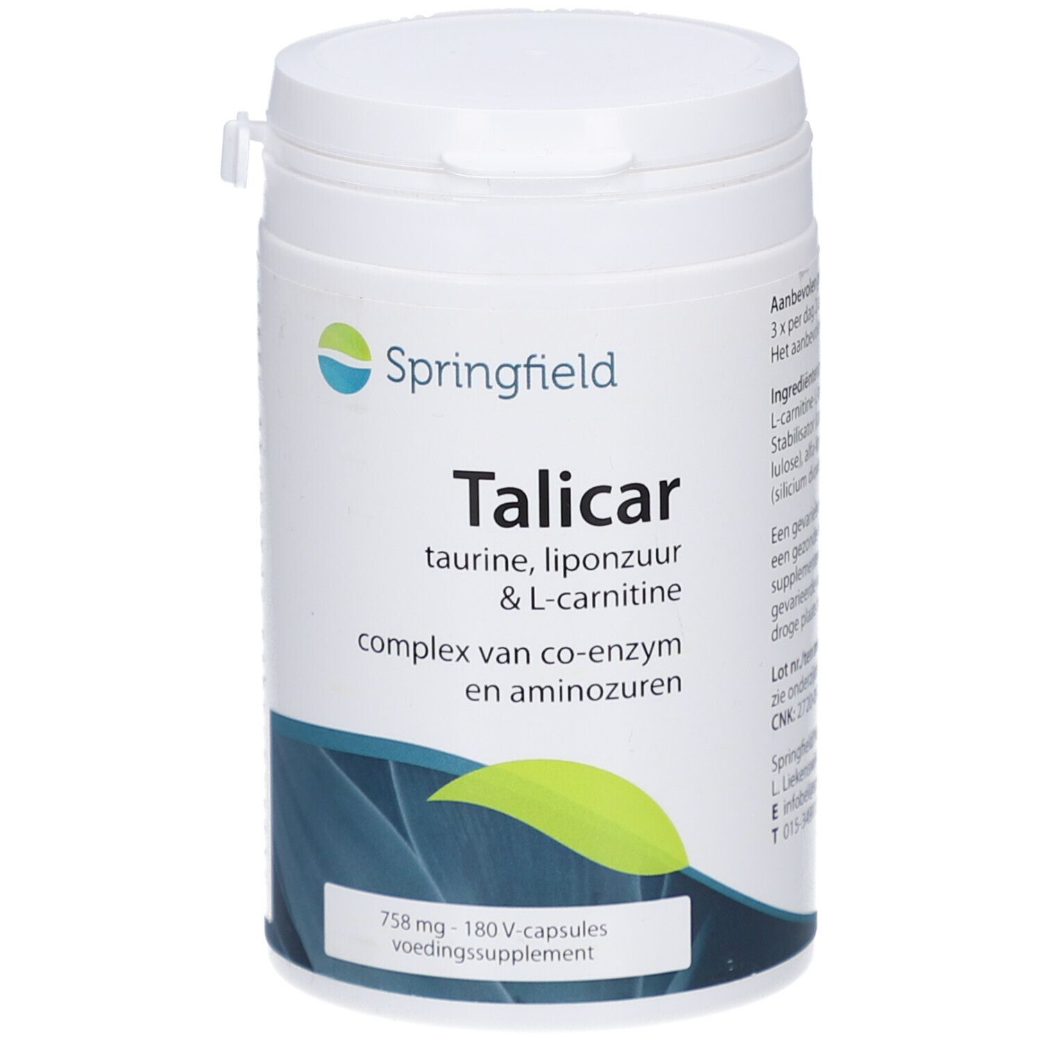 Flacon blanc cylindrique de complément alimentaire avec couvercle. Inscription : Springfield Talicar, taurine, L-carnitine. Contient 180 gélules.
