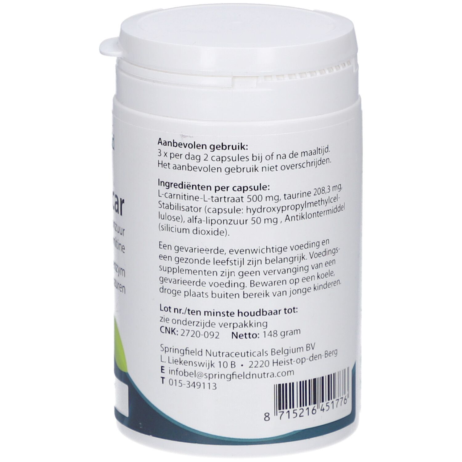 Dos du flacon de complément alimentaire blanc. Informations textuelles sur les ingrédients, le dosage et le fabricant. Contient 148 grammes.