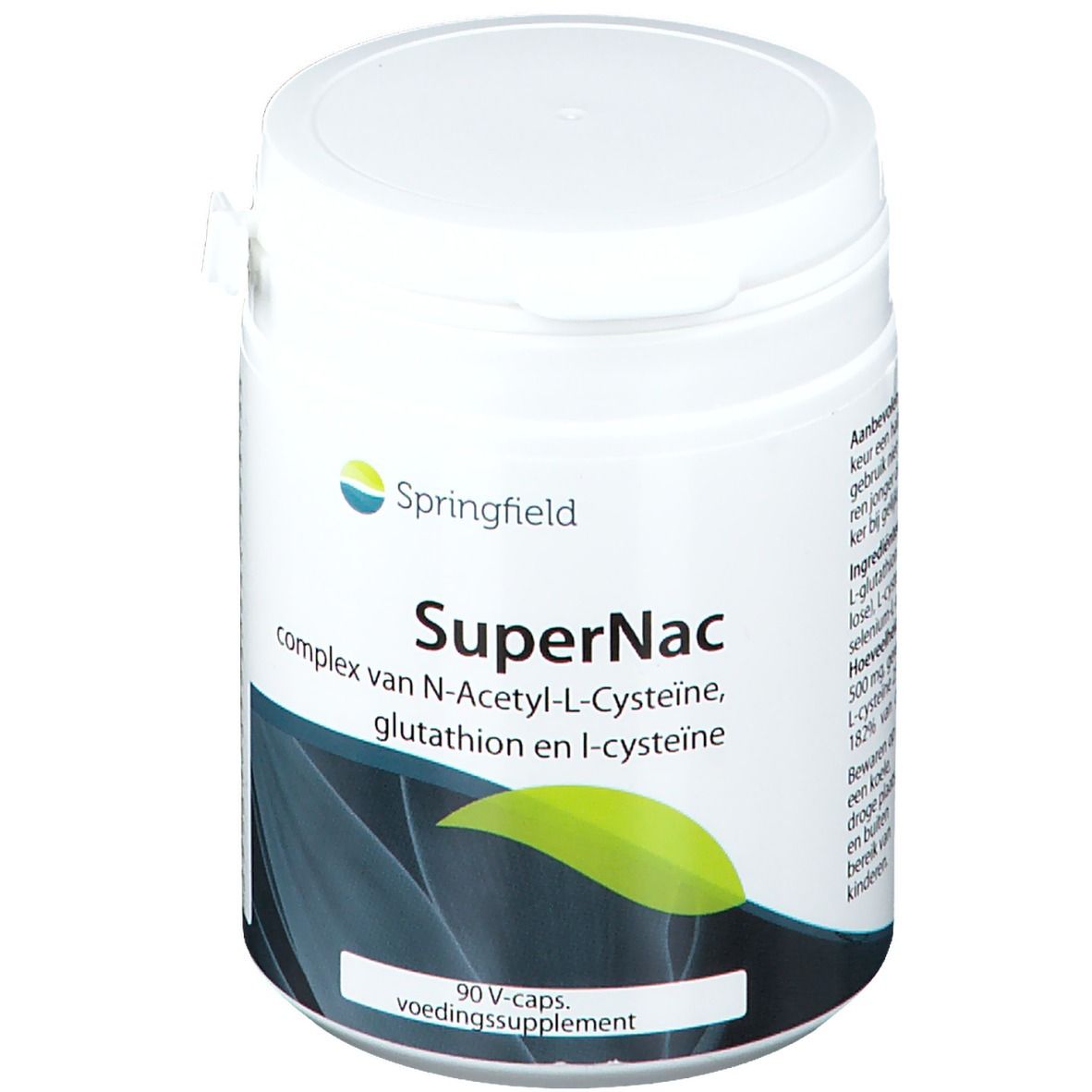 Witte pot met deksel. Opschrift: Springfield SuperNac. Bevat 90 V-Caps. Groen-geel blad-ontwerp.
