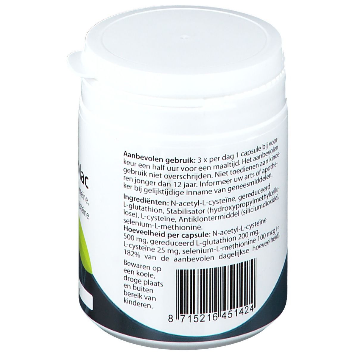 Witte pot, achterkant met tekst. Bevat ingrediënten en gebruiksaanwijzing. Barcode onderaan.