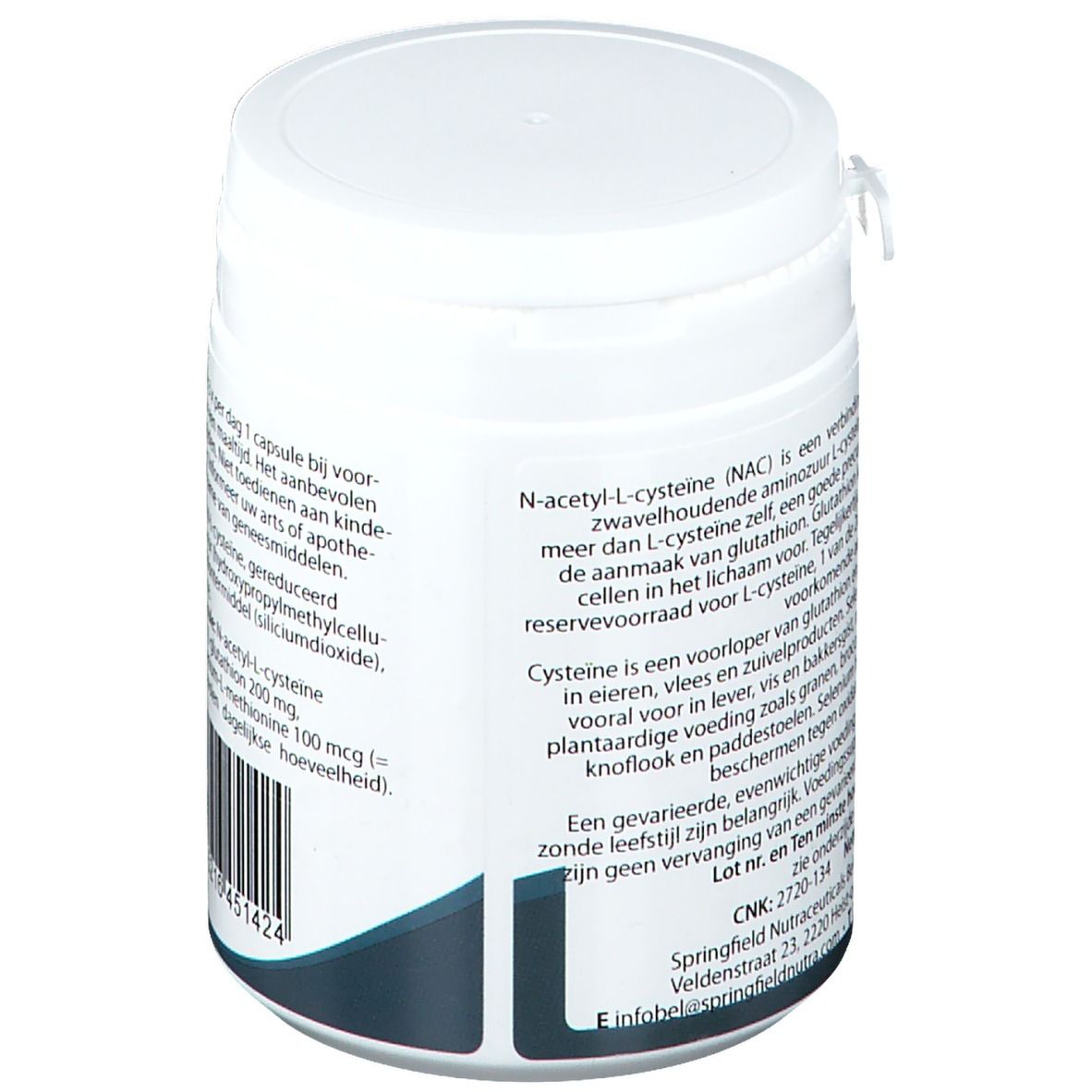 Witte pot, achterkant met tekst. Bevat informatie over ingrediënten en gebruik. Barcode onderaan.