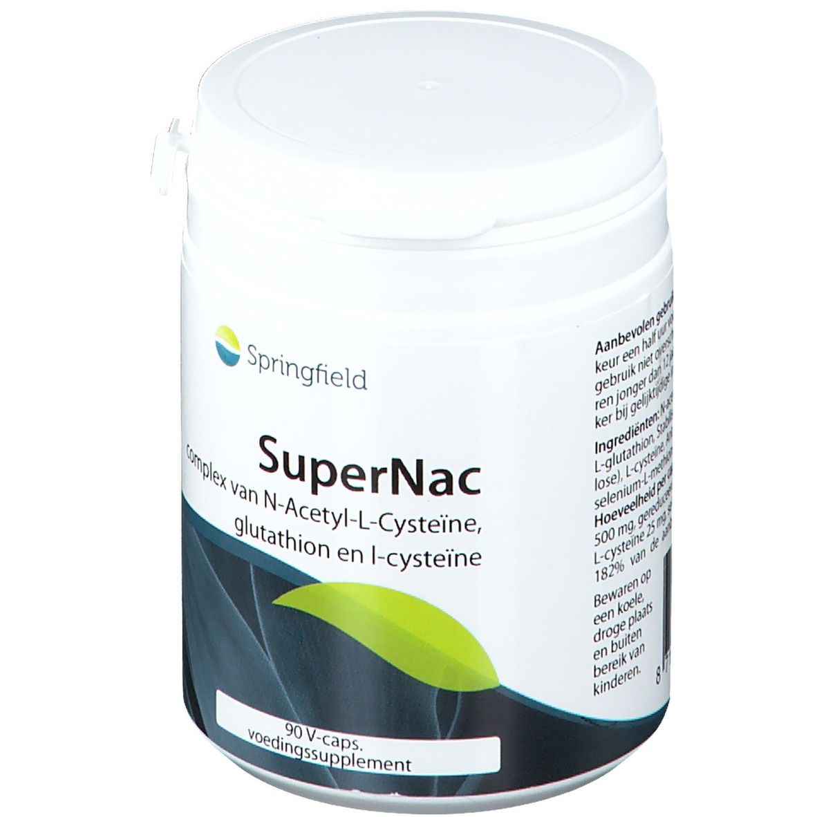 Witte pot met deksel. Opschrift: Springfield SuperNac. Bevat 90 V-Caps. Groen-geel blad-ontwerp.