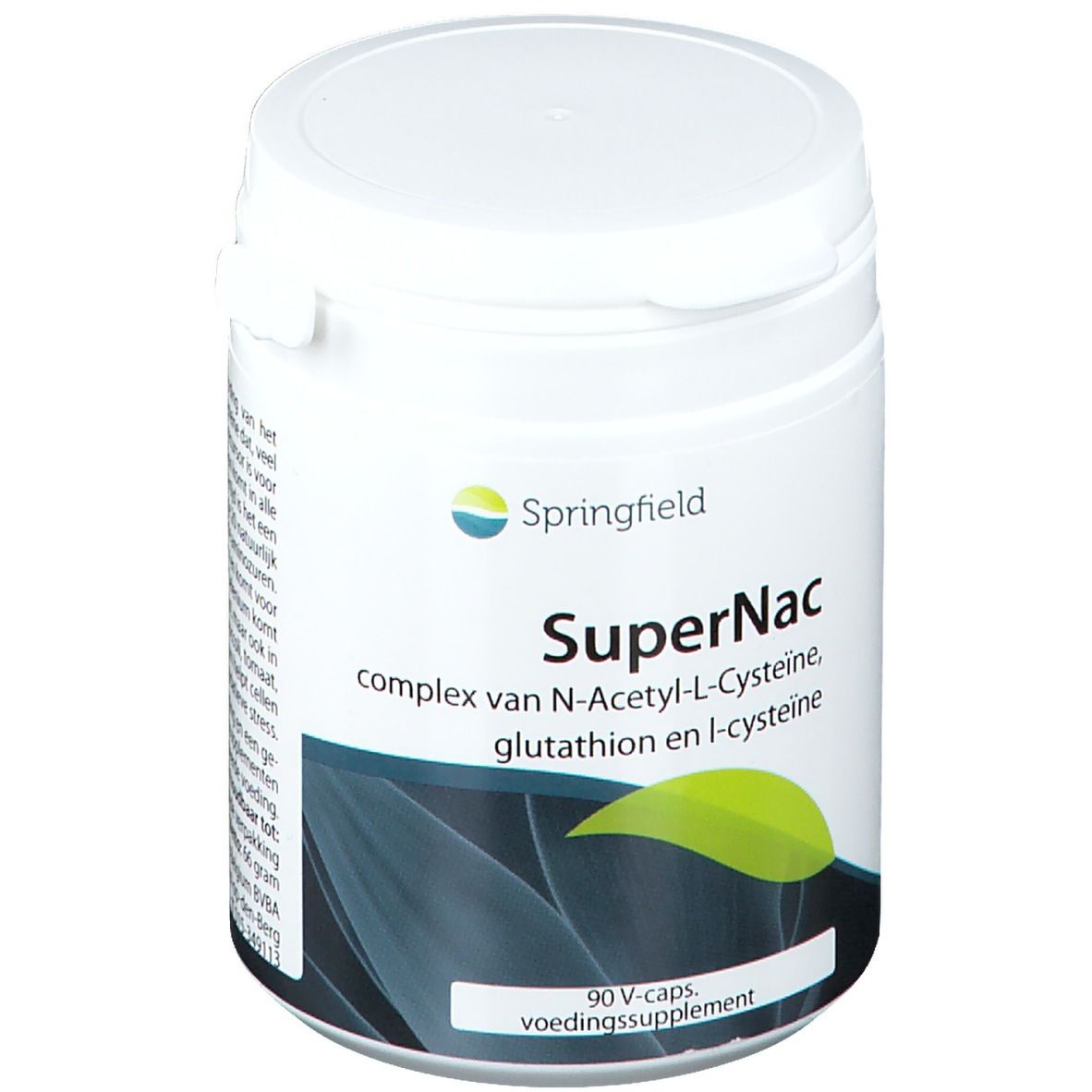 Witte pot met deksel. Opschrift: Springfield SuperNac. Bevat 90 V-Caps. Groen-geel blad-ontwerp.