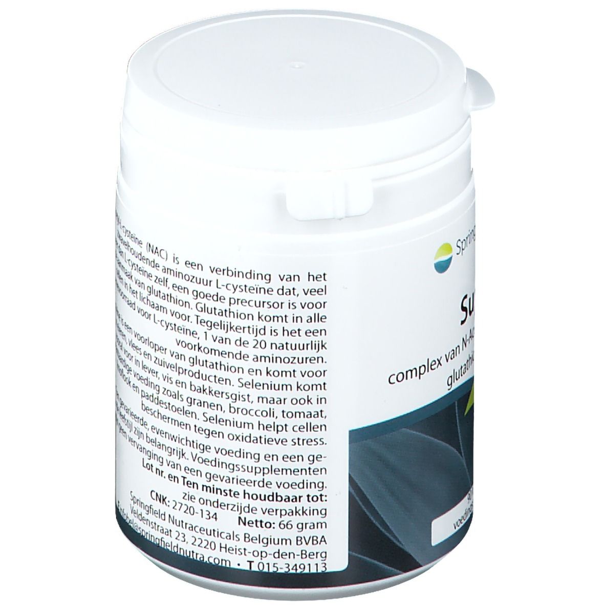 Witte pot, achterkant met tekst. Bevat informatie over ingrediënten en gebruik. Logo Springfield.