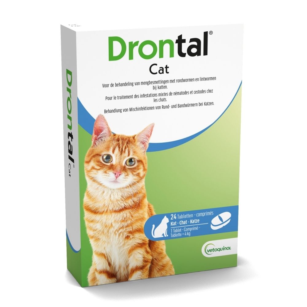Drontal Cat ontwormingstabletten verpakking met kat en productinformatie.