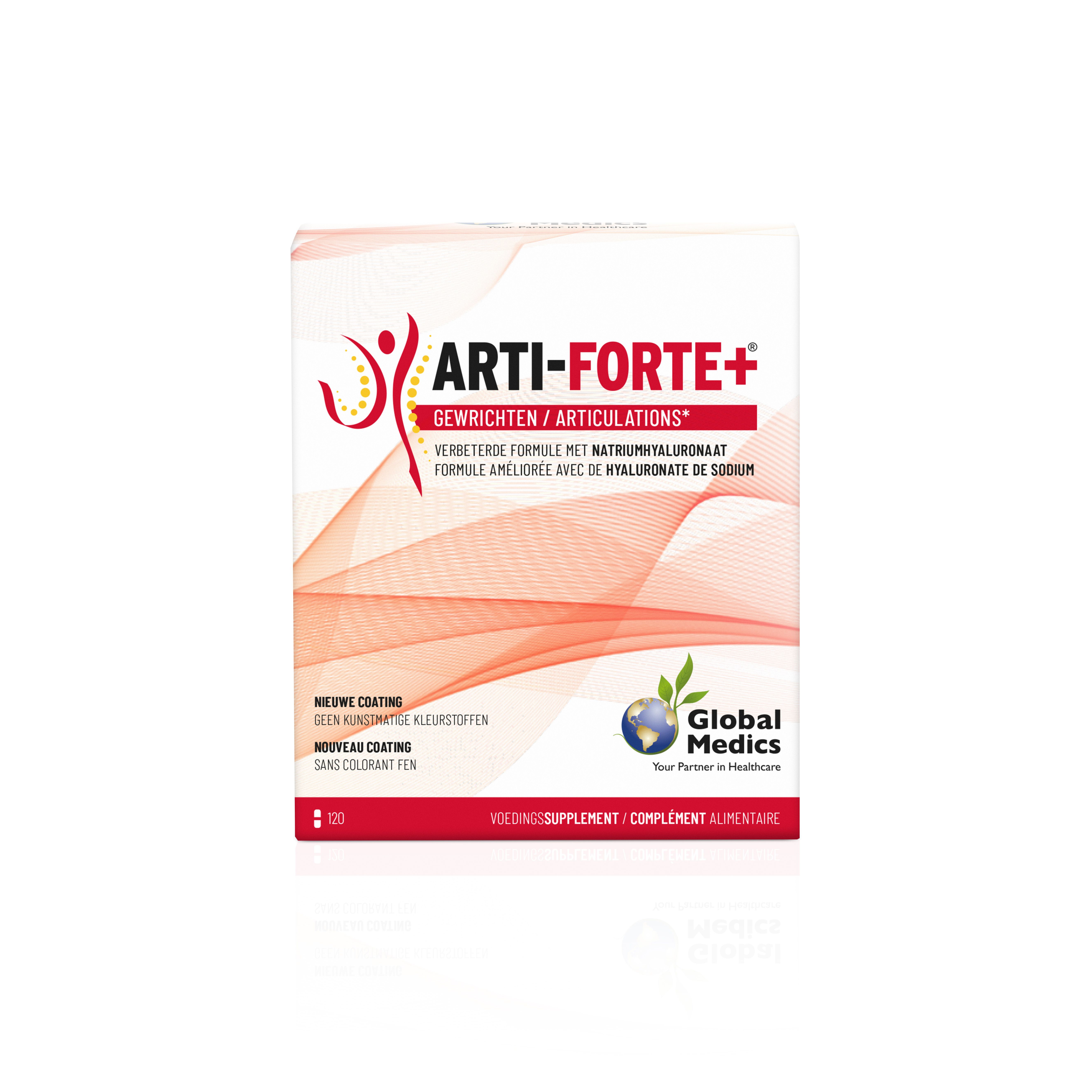 Emballage d'Arti-Forte+ mettant l'accent sur la formule améliorée pour les articulations.
