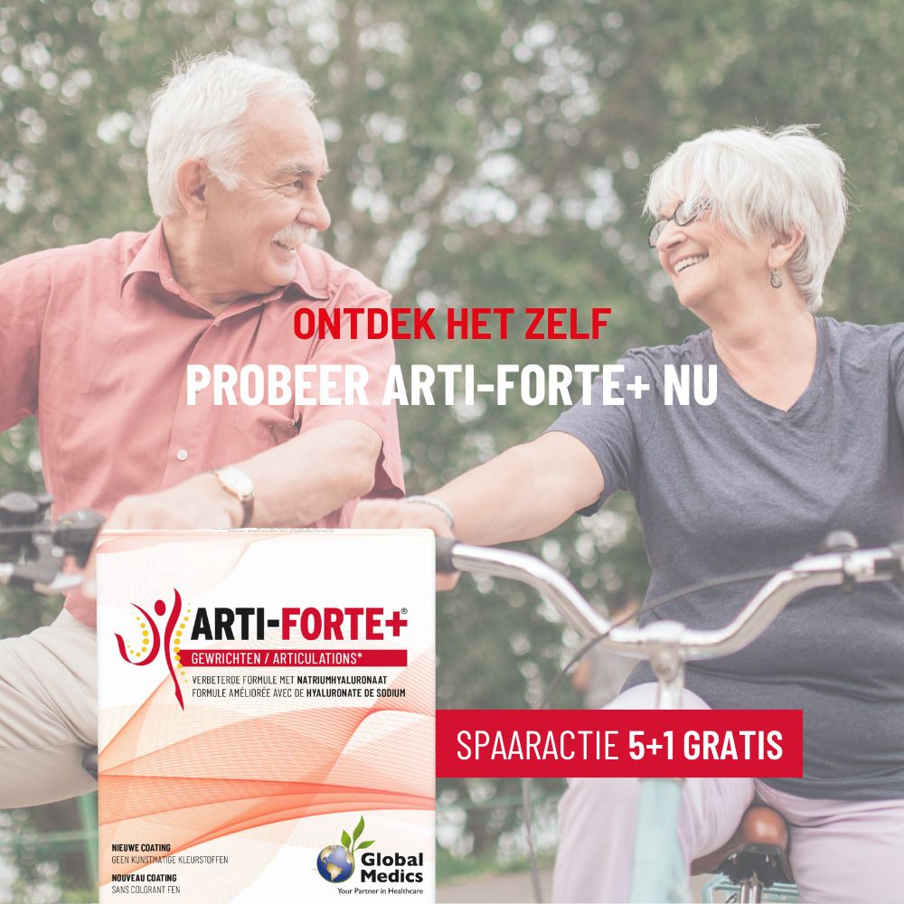 Arti-Forte+ verpakking met weergave van tabletten en vermelding van geen kunstmatige kleurstoffen.