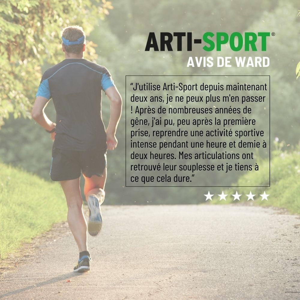Coureur extérieur, logo Arti-Sport et témoignage sur la flexibilité articulaire.
