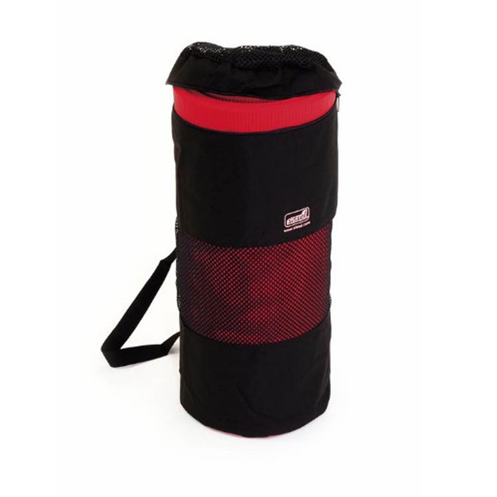 Sac de transport cylindrique noir avec bande rouge et bandoulière. Structure en filet. Marque : Sissel.