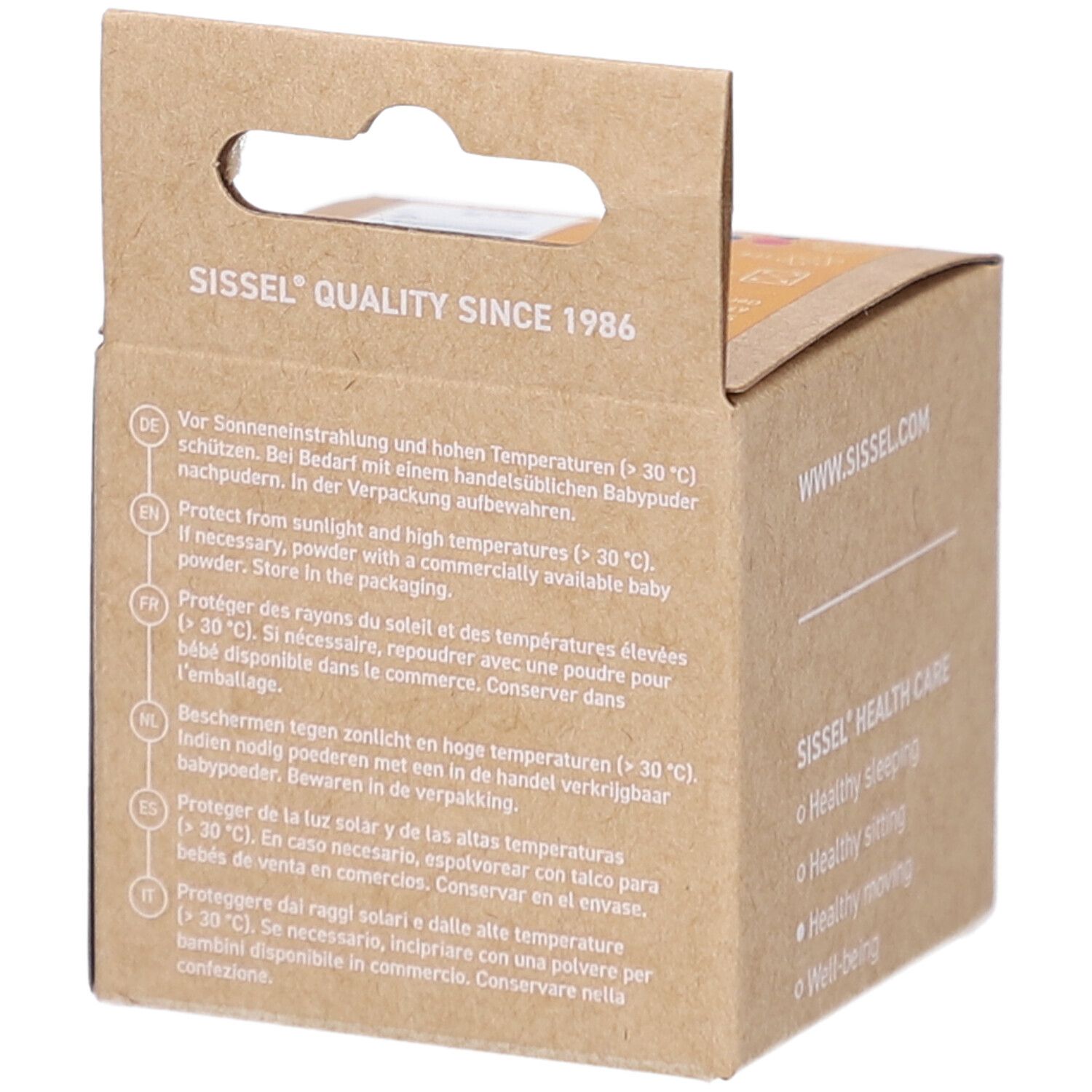 Dos de l'emballage en carton pour Sissel Press-Ball. Texte multilingue: protection contre le soleil et la chaleur.