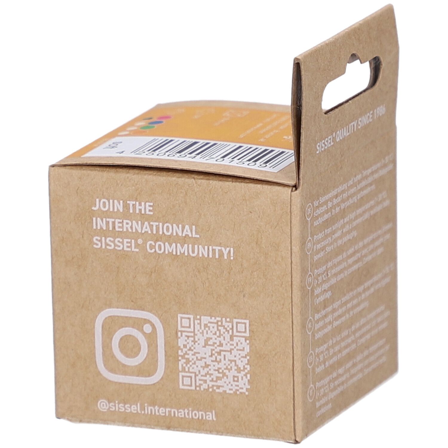 Emballage en carton pour Sissel Press-Ball. Inscriptions: Rejoignez la communauté Sissel, logo Instagram, code QR.