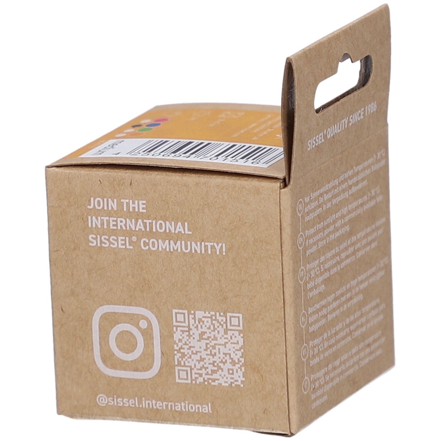 Emballage en carton Sissel Press Ball. Inscription: Rejoignez la communauté Sissel internationale, logo Instagram, QR code, @sissel.international.