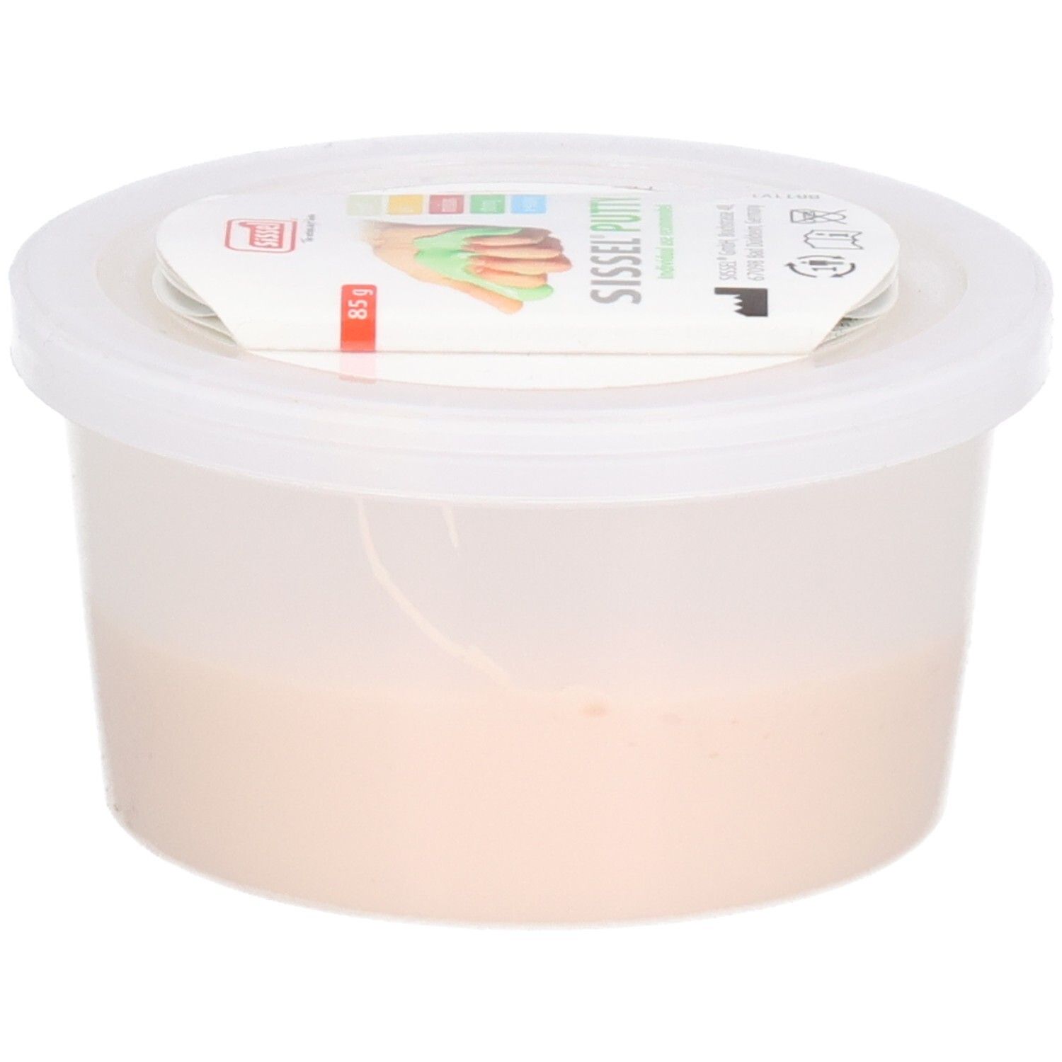 Beige kneedmassa in een ronde, witte container met deksel. Etiket op de deksel met informatie en kleurstalen.