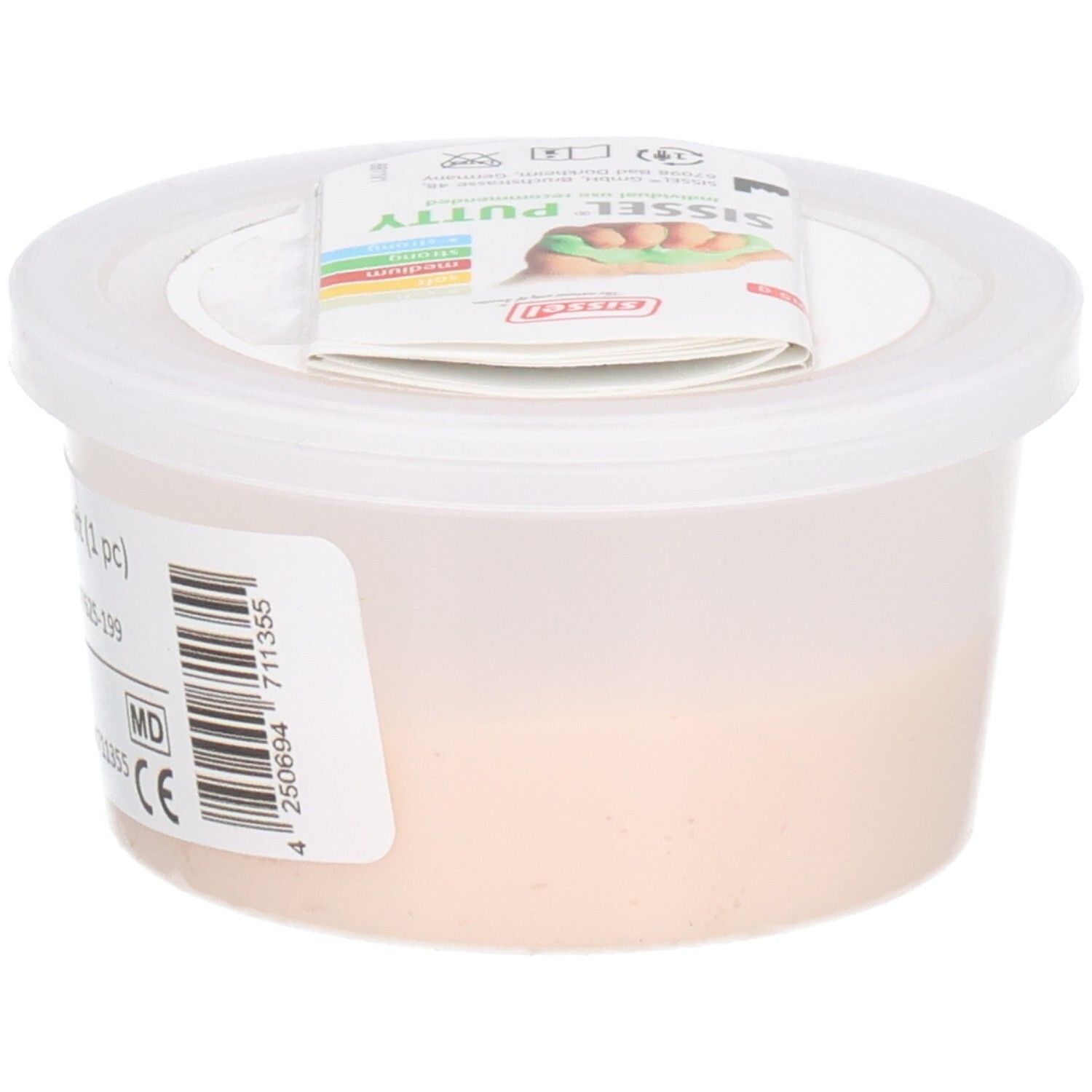 Beige kneedmassa in een ronde, witte container met deksel. Etiket met productnaam, barcode en CE-markering.