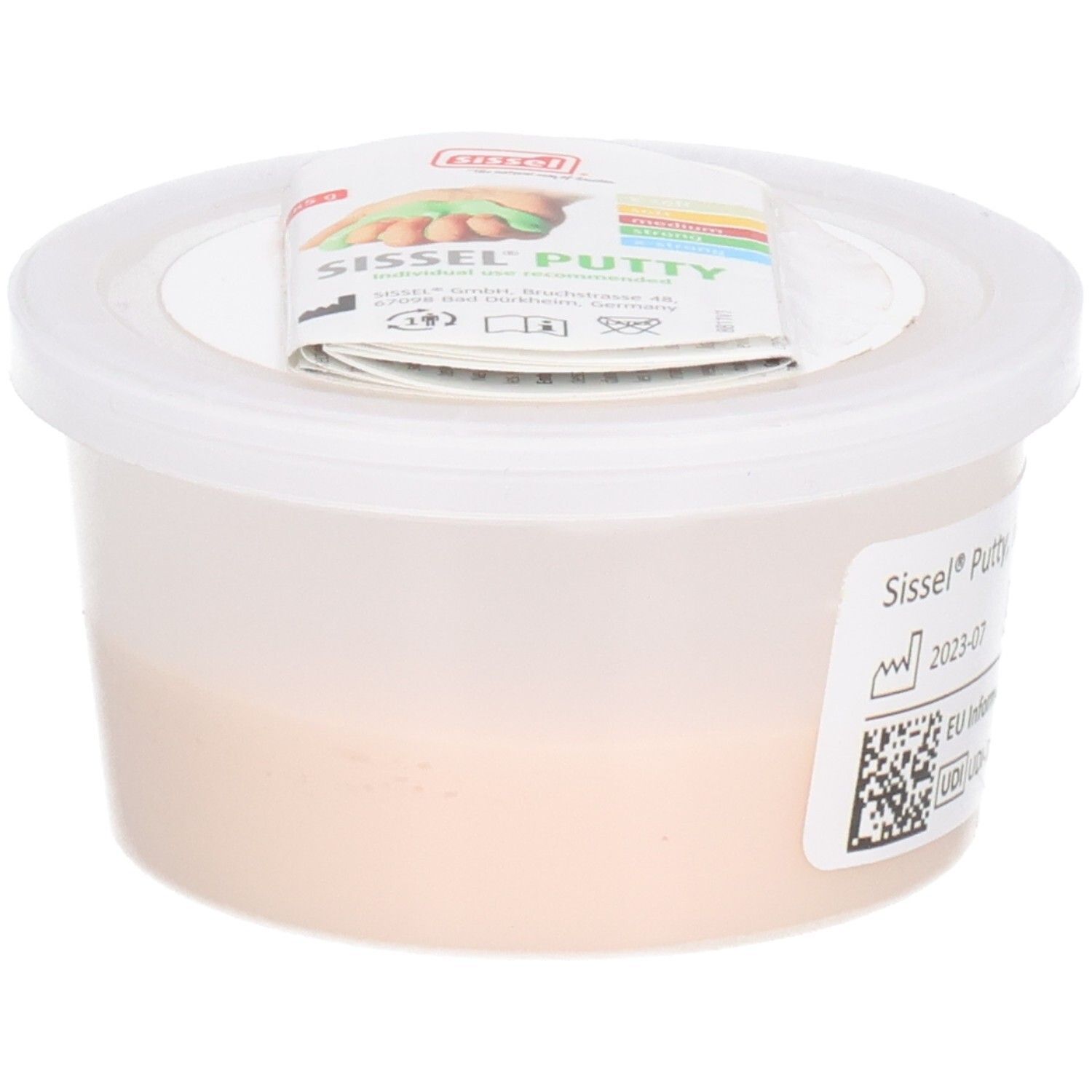 Beige kneedmassa in een ronde, witte container met deksel. Etiket met productnaam, houdbaarheidsdatum en CE-markering.