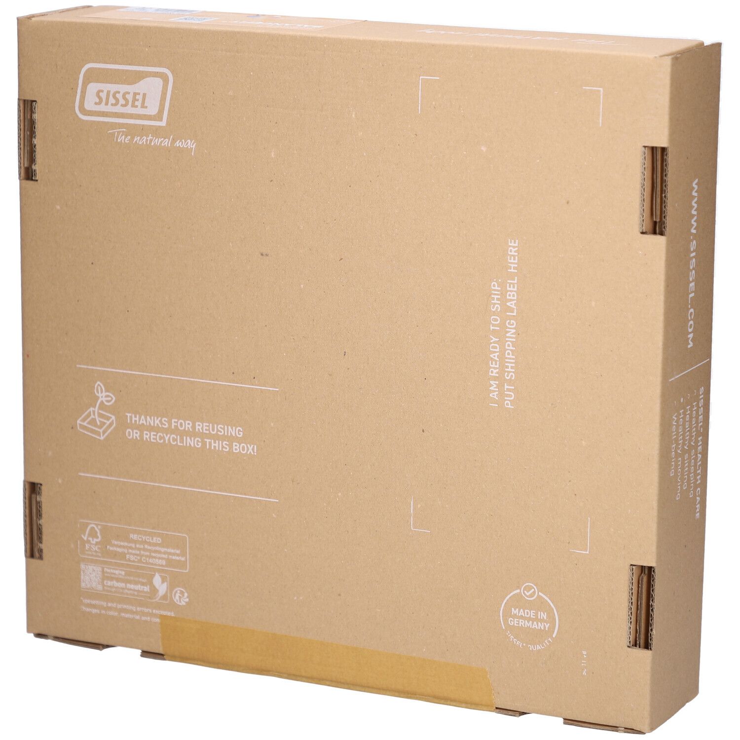 Boîte en carton marron. Inscription: 'Thanks for reusing or recycling this box!' et 'Made in Germany'.