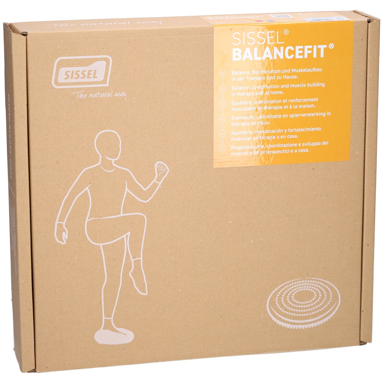 Emballage en carton brun. Nom et marque visibles. Illustration d'une personne sur l'appareil.