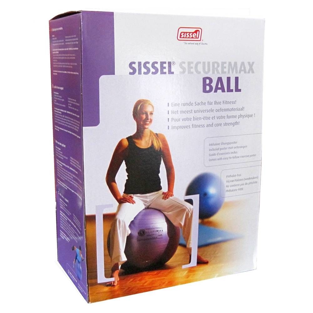 Verpakking met Sissel Securemax Ball. Vrouw zit op paarse bal. Tekst: Securemax Ball, fitness, core strength.