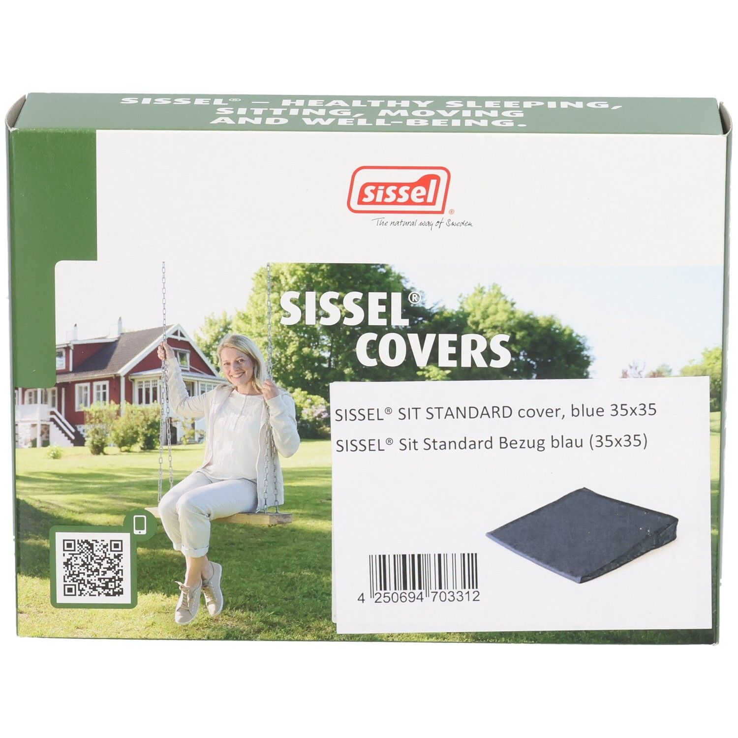Emballage Sissel Sit Standard Bezug Blau. Inscription: Sissel Covers, image du produit, code QR, logo.