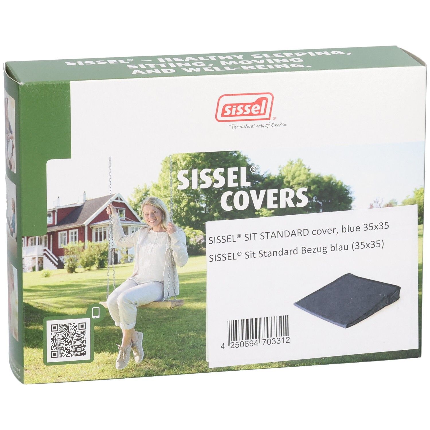 Emballage Sissel Sit Standard Bezug Blau. Inscription: Sissel Covers, image du produit, code QR, logo.