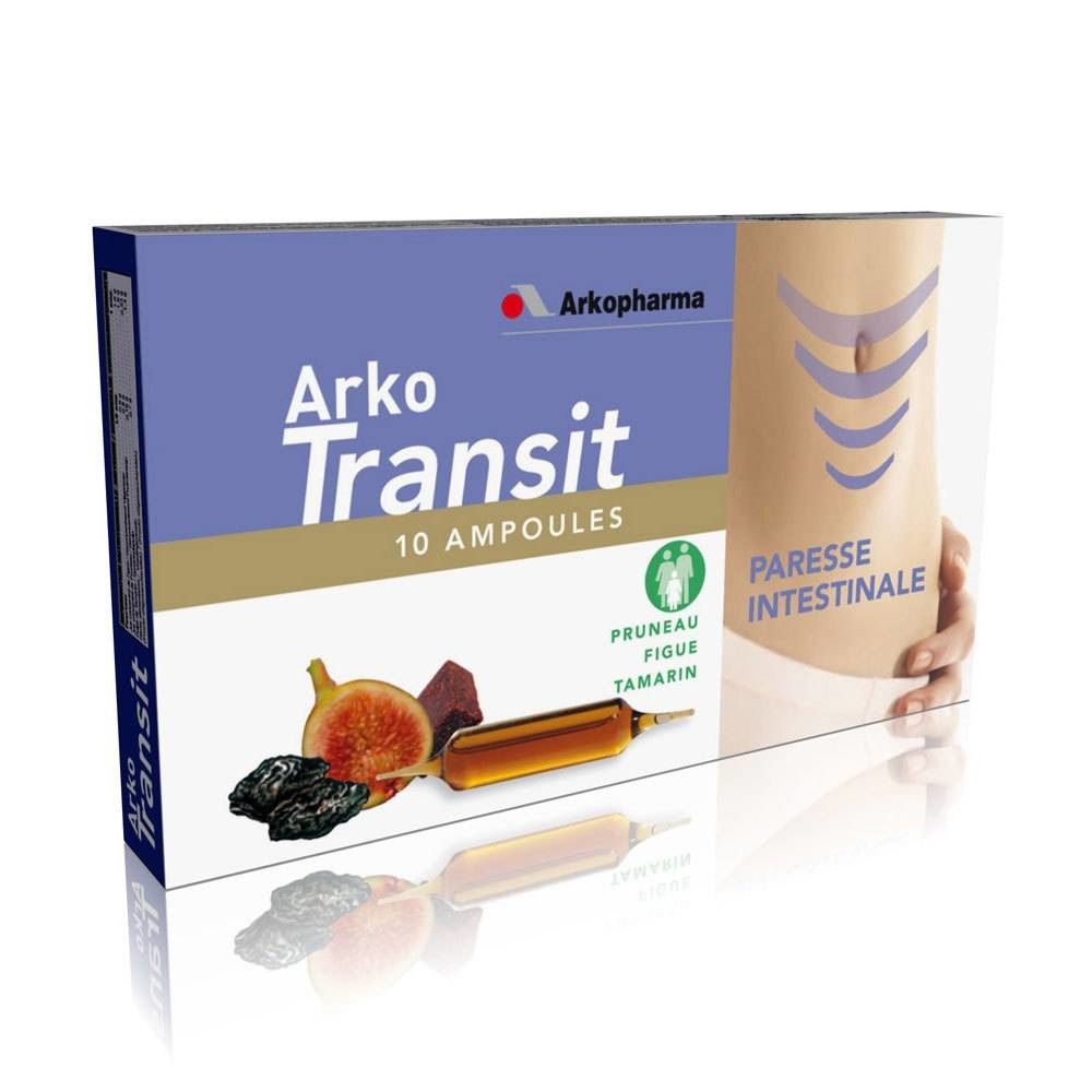 Boîte Arko Transit. Bleu et or. Nom du produit, illustration de fruits et ampoules. Texte: 10 ampoules. Illustration d'un ventre avec le mot 'Paresse Intestinale'.