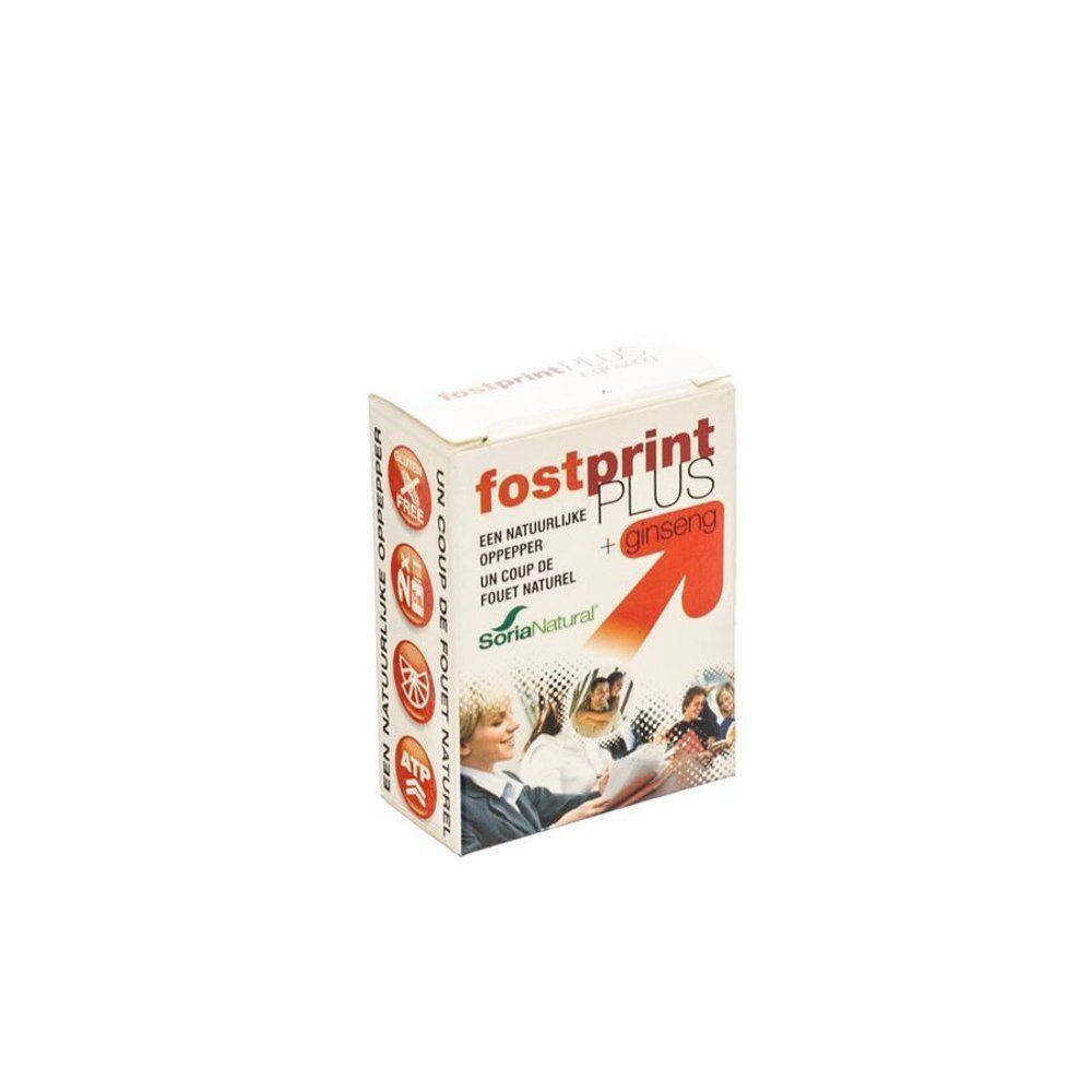 Doosje Fostprint Plus + ginseng. Rode pijl. Logo Soria Natural. Illustratie van mensen. Meertalige tekst.
