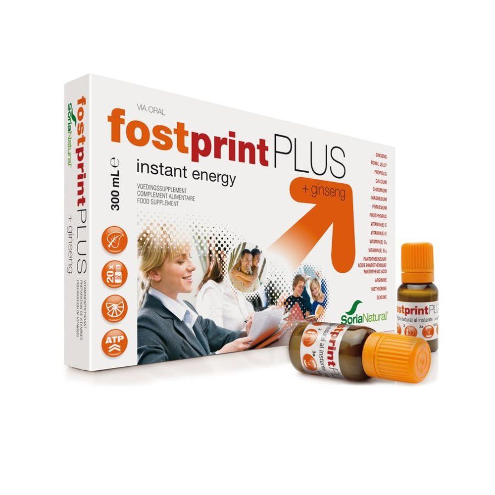 Doos en flesjes Fostprint Plus + ginseng. Flesjes met oranje dopjes. Tekst: Fostprint Plus + Ginseng, 300 ml.
