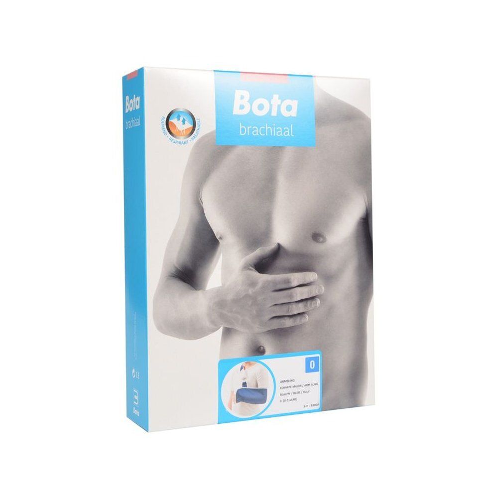 Productverpakking. Bota armbrace, blauw afgebeeld. Zwart-wit torso van een man.