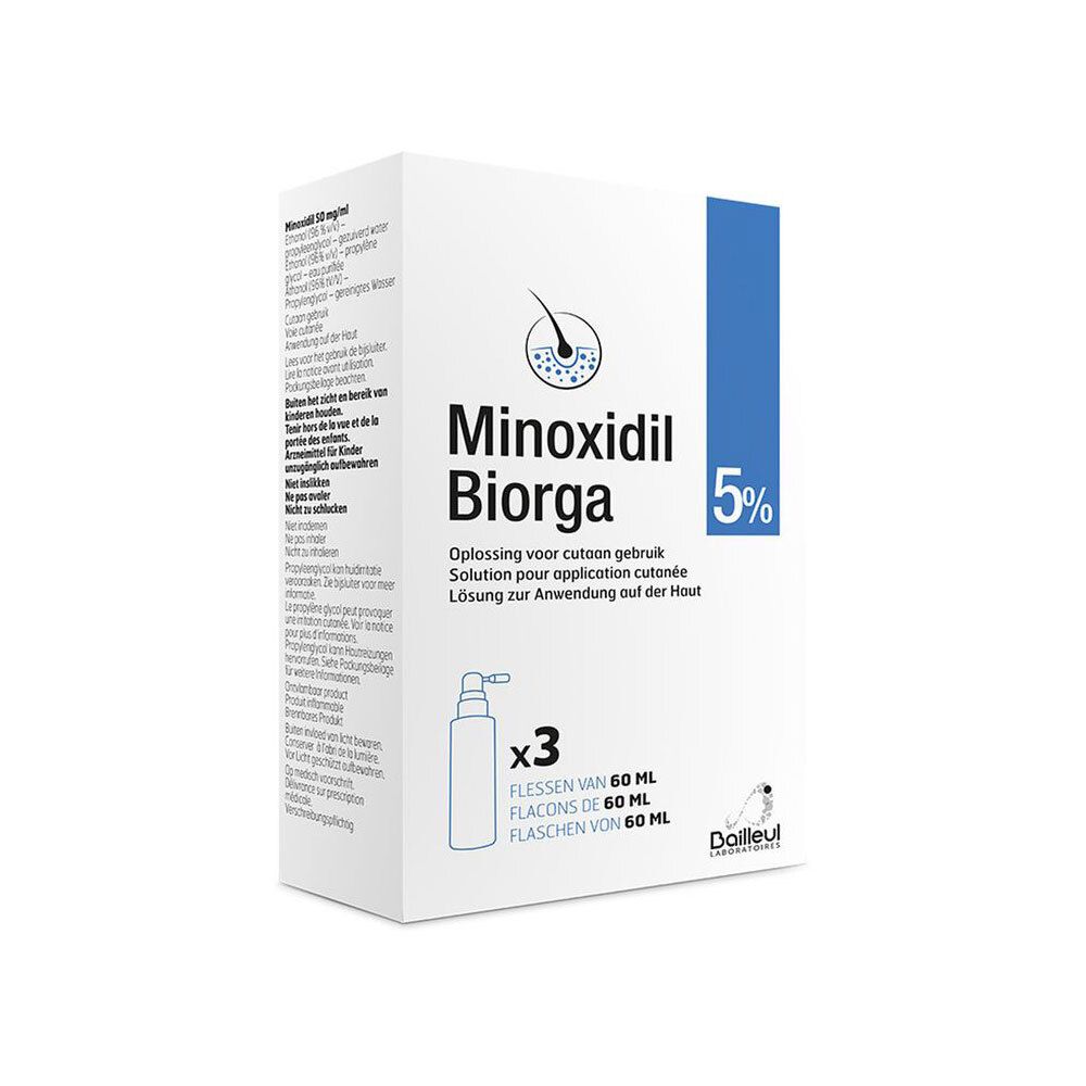 Boîte de Minoxidil Biorga 5%. Contient 3 flacons. Inscription: Solution pour application cutanée.