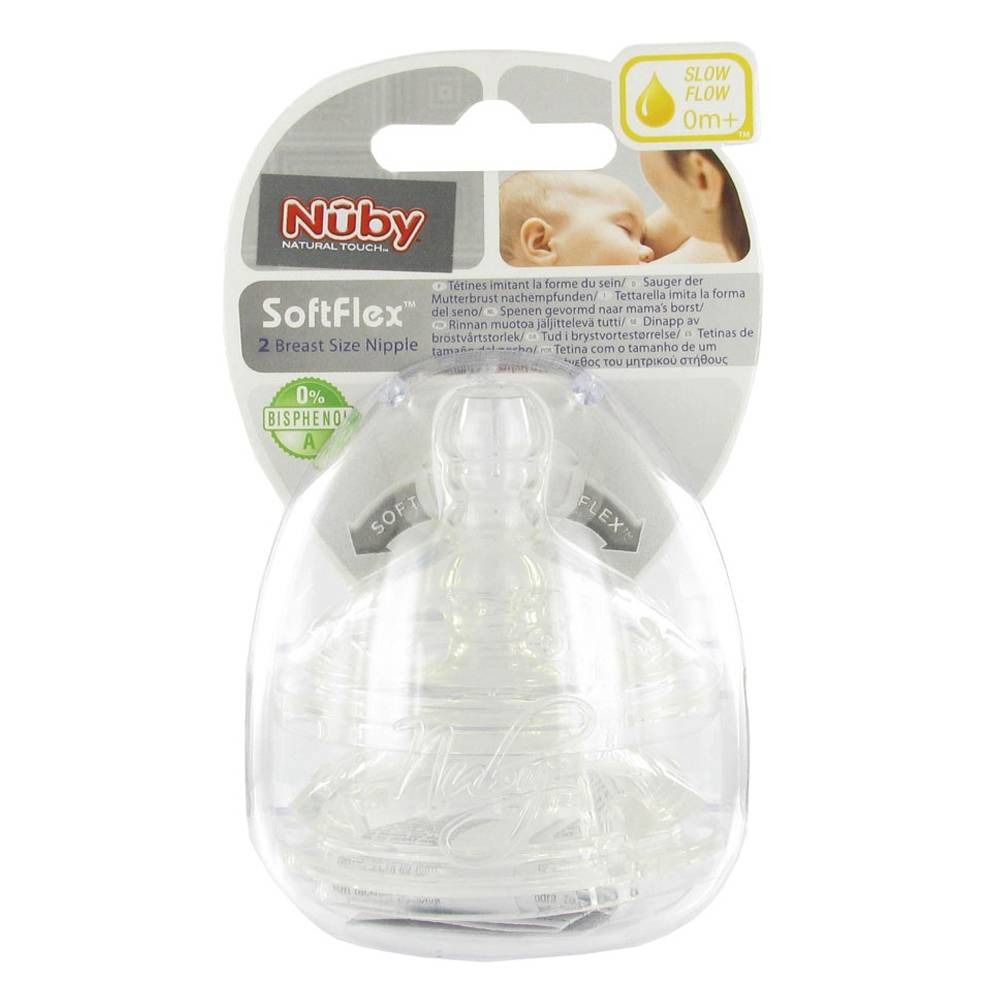 Verpakking met twee transparante siliconen spenen. Merk Nûby, SoftFlex. 0% Bisphenol A. Geschikt voor baby's vanaf 0 maanden. Langzame flow.