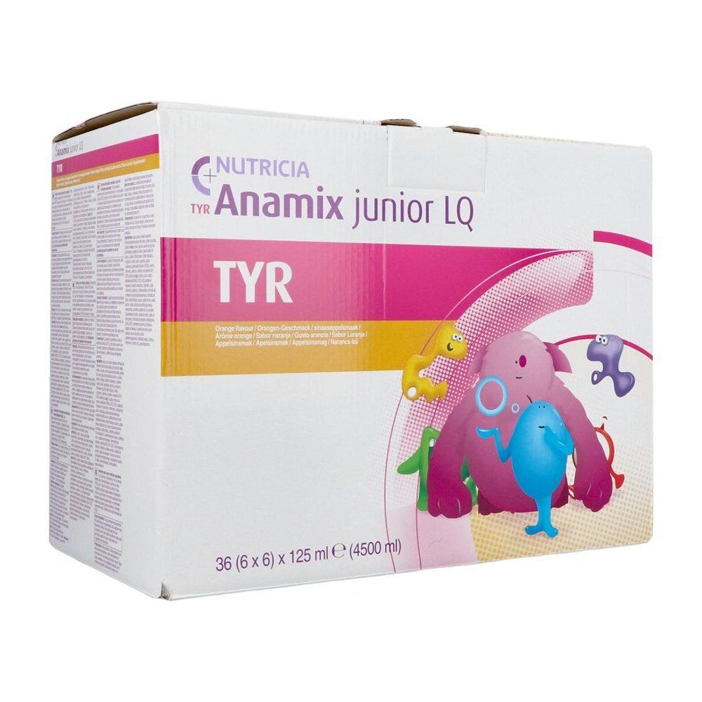 Kartonnen doos met opschriften. Opschriften: NUTRICIA, Anamix junior LQ, TYR. Illustratie van figuren. Volume: 4500 ml.