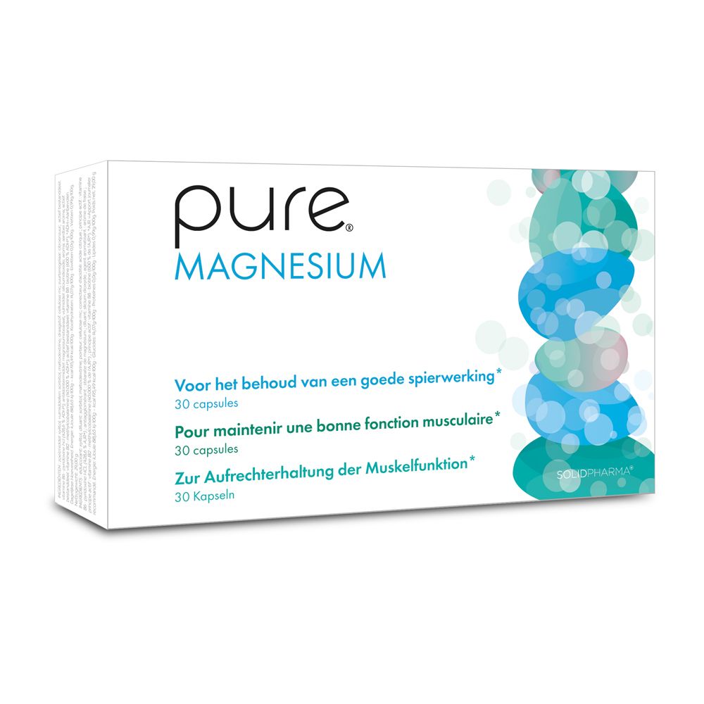 Doos "pure Magnesium". Blauwe, groene elementen. Tekst in het Nederlands, Frans en Duits.