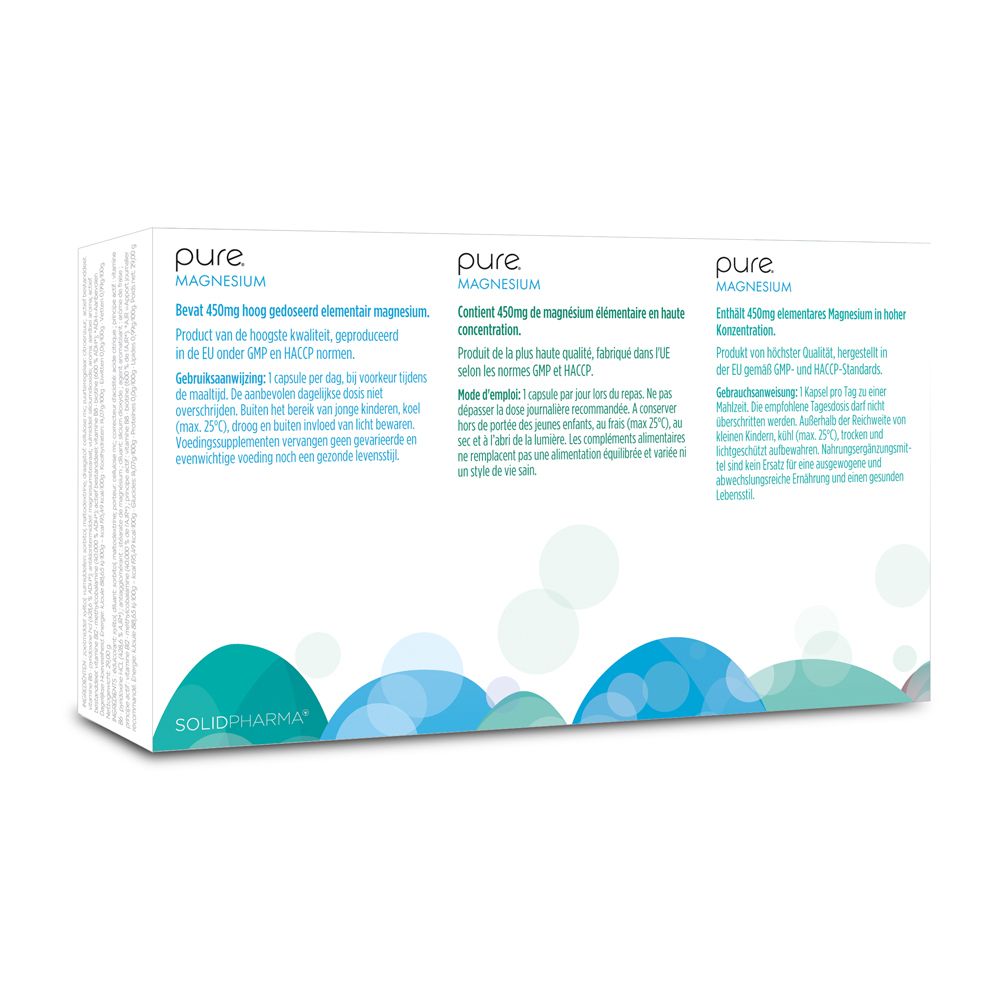 Achterkant verpakking "pure Magnesium". Tekst in het Nederlands, Frans en Duits.