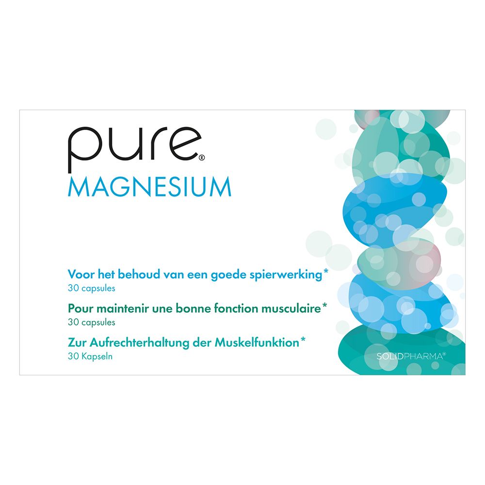 Boîte "pure Magnesium" en biais. Texte multilingue au dos.