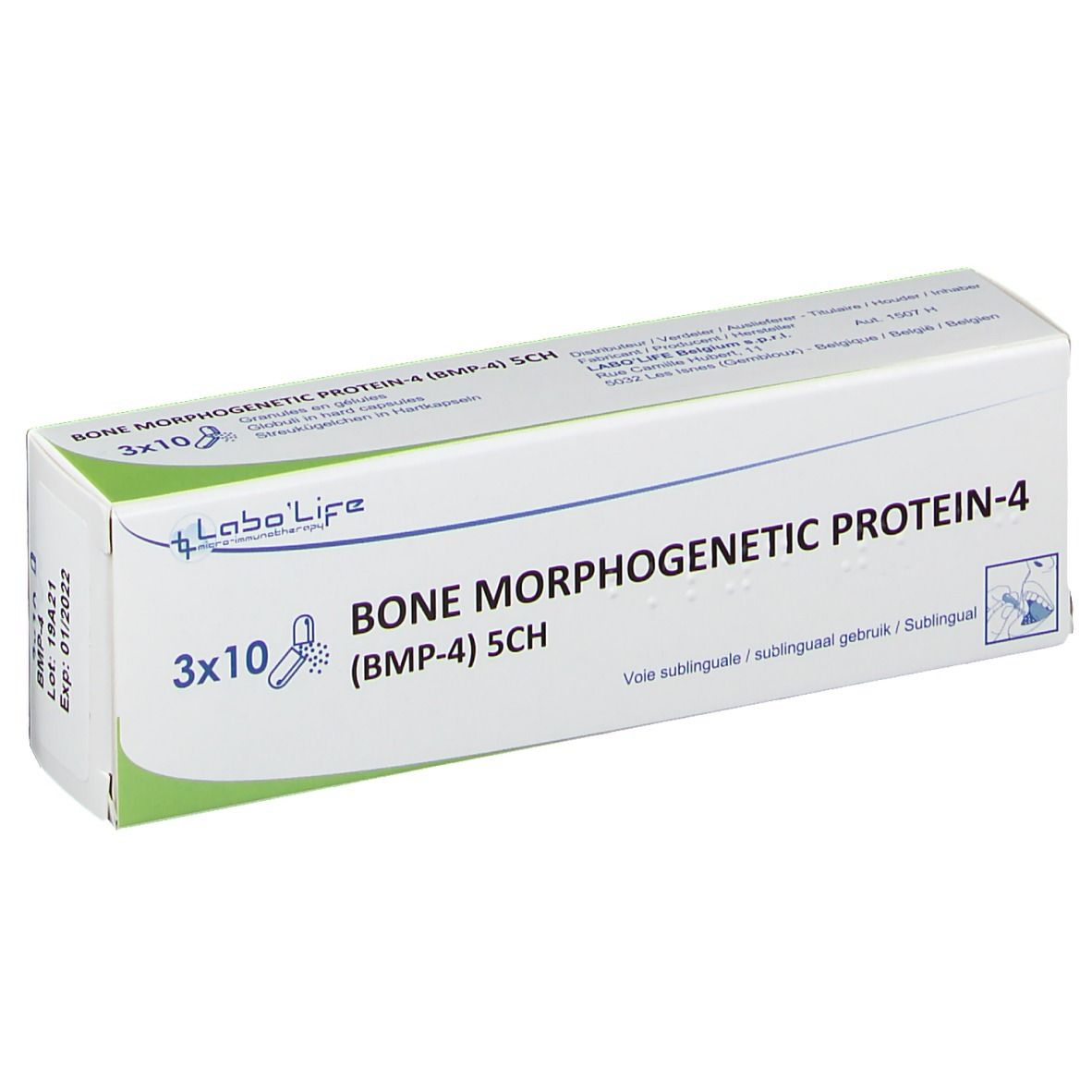 Wit en groene doos met "BONE MORPHOGENETIC PROTEIN-4 (BMP-4) 5CH". 3x10 tabletten. Merk Labo'Life.