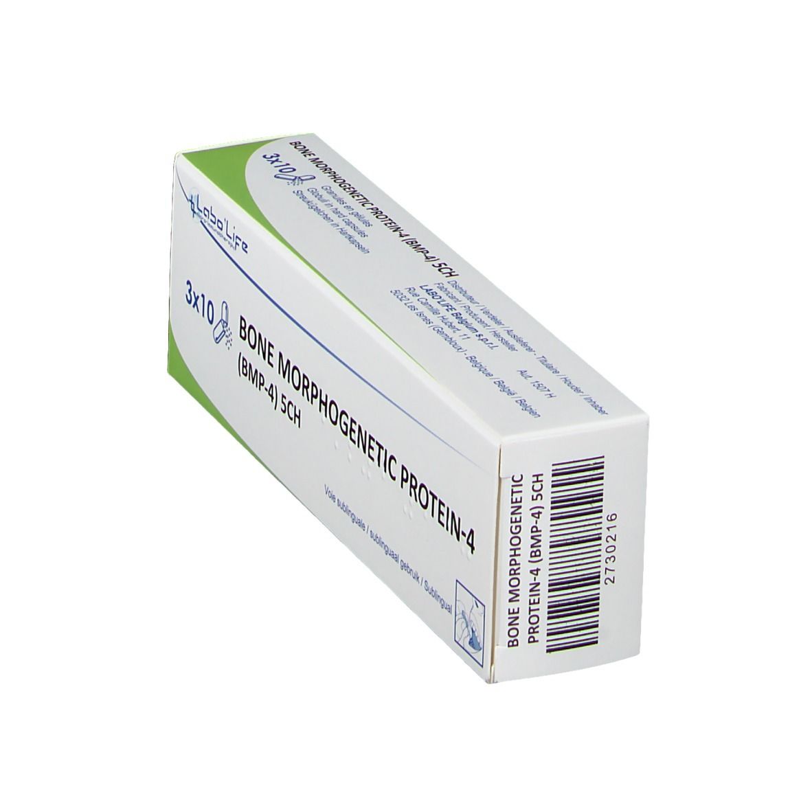 Doos met "BONE MORPHOGENETIC PROTEIN-4 (BMP-4) 5CH". Barcode en Labo'Life logo. Wit en groen.