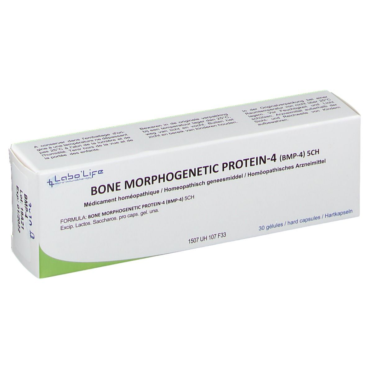 Wit en groene doos met "BONE MORPHOGENETIC PROTEIN-4 (BMP-4) 5CH". 30 capsules. Merk Labo'Life.