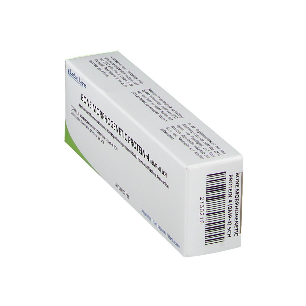 Doos met "BONE MORPHOGENETIC PROTEIN-4 (BMP-4) 5CH". Barcode en Labo'Life logo. Wit en groen.