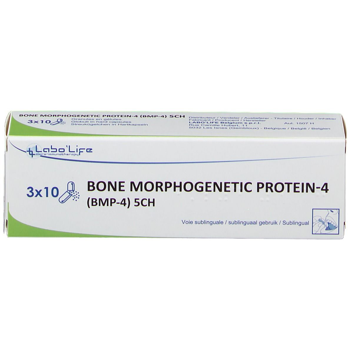 Wit en groene doos met "BONE MORPHOGENETIC PROTEIN-4 (BMP-4) 5CH". 3x10 tabletten. Merk Labo'Life.
