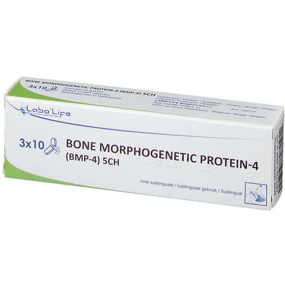 Wit en groene doos met "BONE MORPHOGENETIC PROTEIN-4 (BMP-4) 5CH". Merk Labo'Life.
