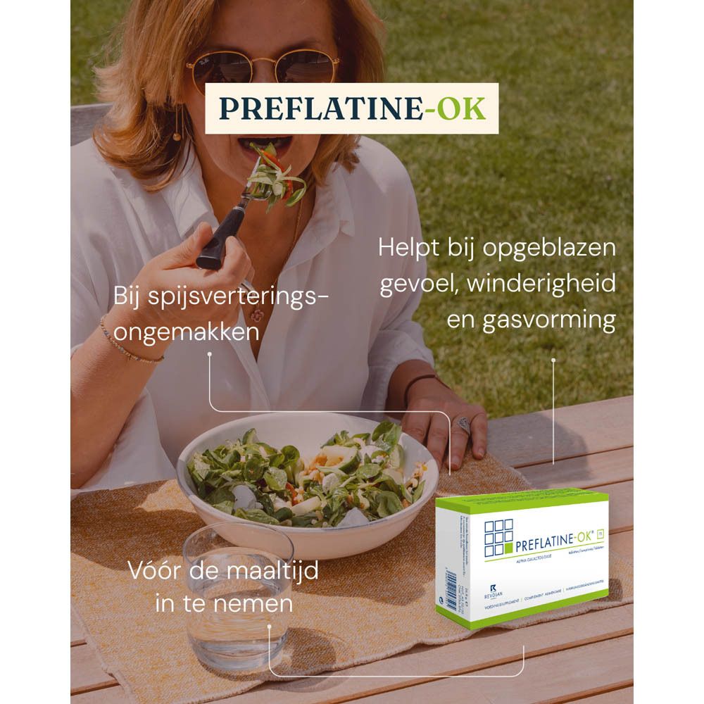 Vrouw eet salade. Productverpakking op de achtergrond. Tekst: Helpt bij spijsverteringsongemakken.