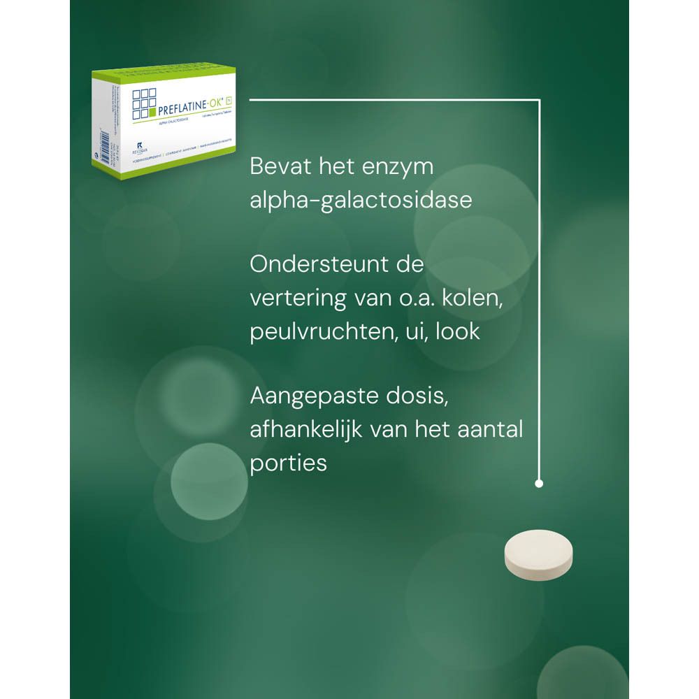 Afbeelding met productverpakking en tablet. Tekst: Bevat alpha-galactosidase. Ondersteunt de vertering.
