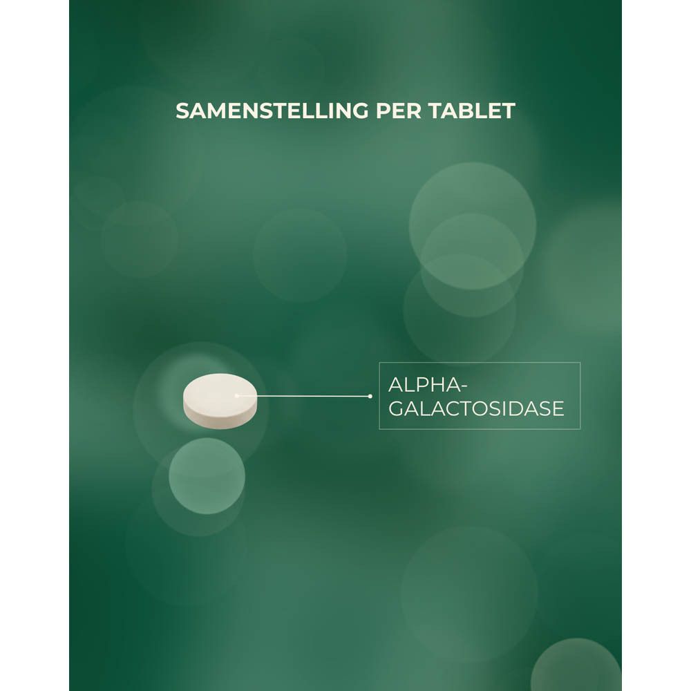 Afbeelding met tablet en tekst: Samenstelling per tablet. Bevat alpha-galactosidase.
