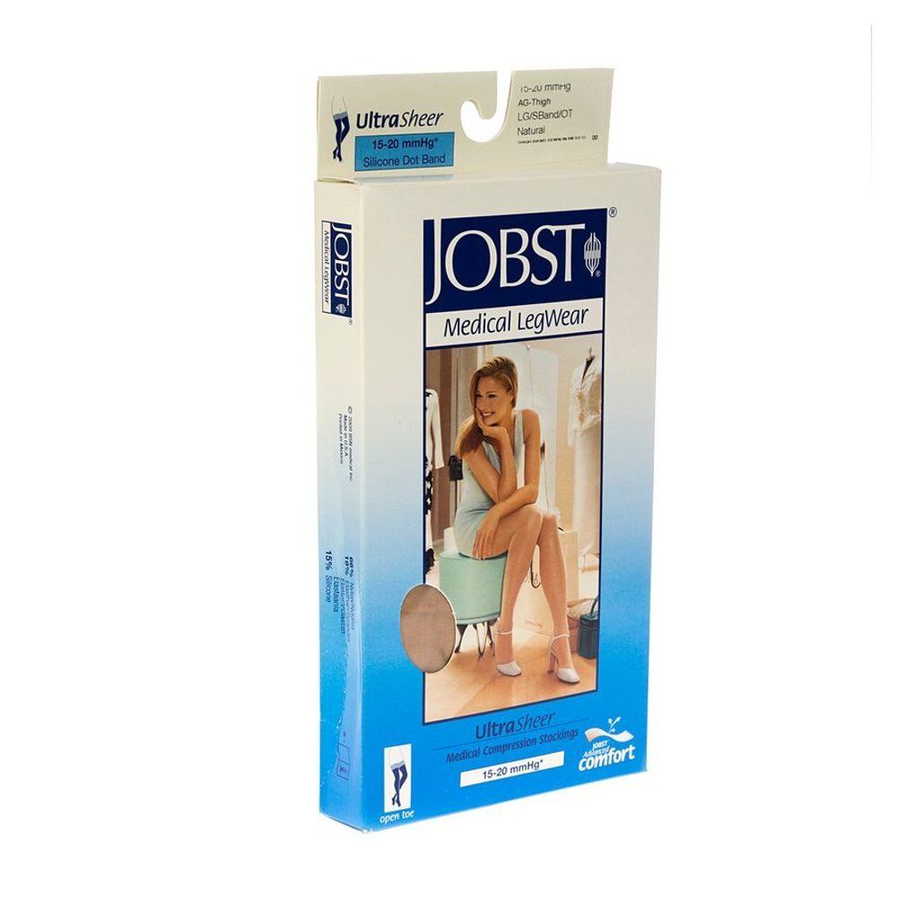 Verpakking van JOBST Medical Legwear. UltraSheer compressiekousen, 15-20 mmHg, Naturel. Vrouw op de verpakking.