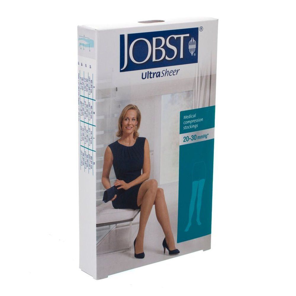 Jobst Ultrasheer Comfort Classe 2 Cuisse 20-30 mmHg Ag Natural Open Toe S. Boîte avec femme portant des bas. Bas de compression médicale.