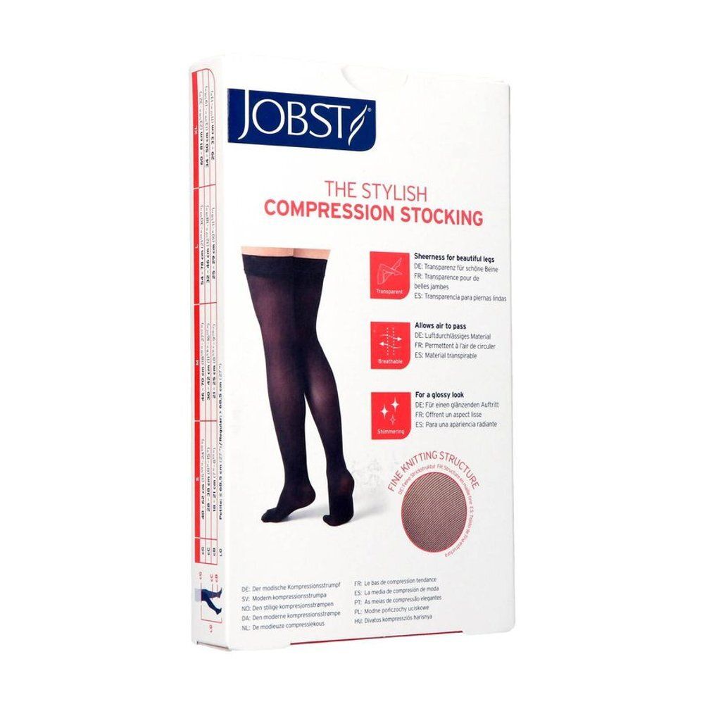 Boîte de bas de compression. Marque JOBST. Inscription : THE STYLISH COMPRESSION STOCKING. Illustration : jambe avec bas.