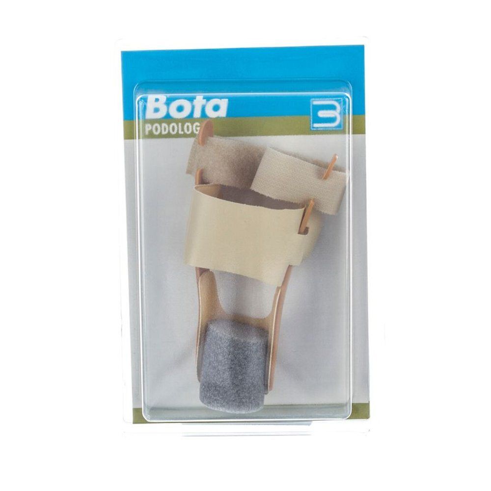 Hallux Valgus nachtcorrector in verpakking. Beige en grijs. Merk: Bota Podologie. Met schuimvulling.