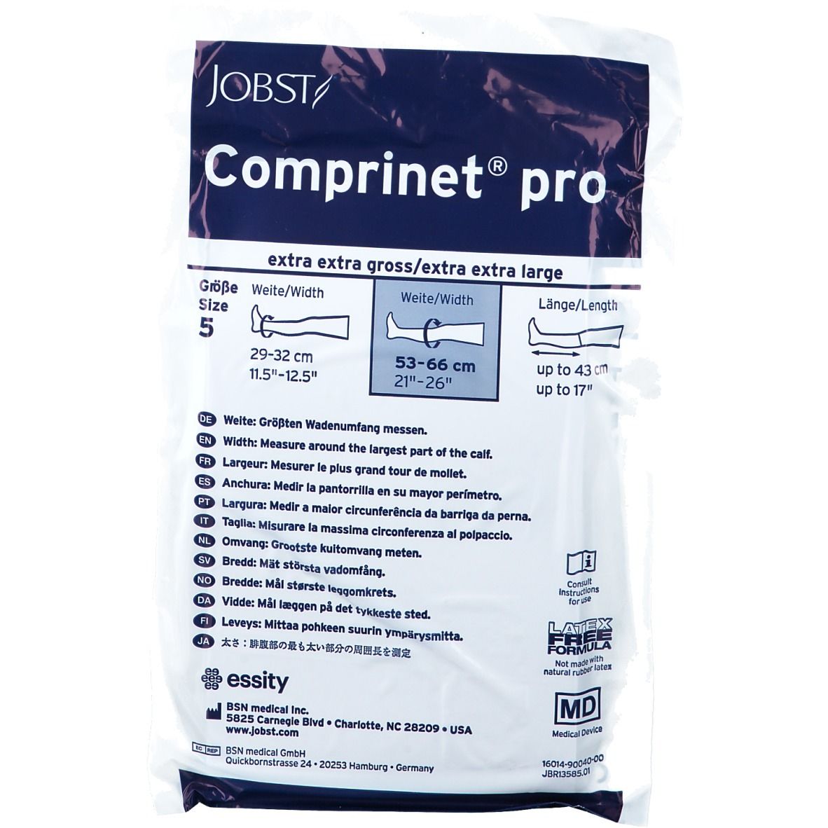 Emballage de bas JOBST Comprinet pro, taille 5. Mesures du mollet. Texte: Extra extra large. Formule sans latex.
